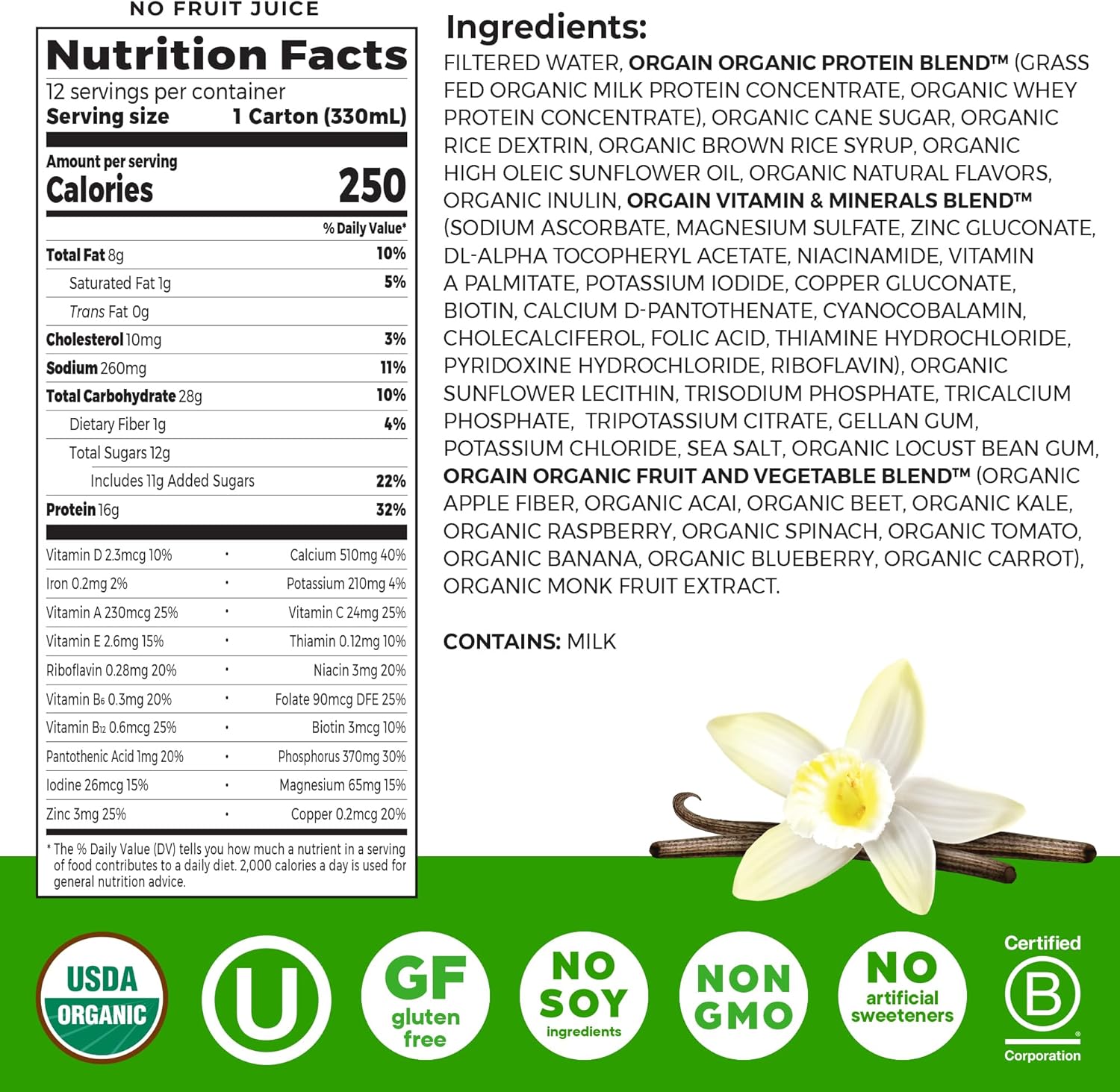 Organic Nutritional Protein Shake, Vanilla Bean - 16G Grass Fed Whey Protein, Meal Replacement, 20 Vitamins & Minerals, Fruits & Vegetables, Gluten Free, Non-Gmo, 11 Fl Oz (12 Pack)