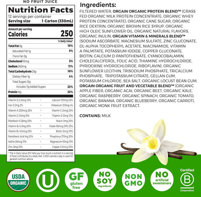 Organic Nutritional Protein Shake, Vanilla Bean - 16G Grass Fed Whey Protein, Meal Replacement, 20 Vitamins & Minerals, Fruits & Vegetables, Gluten Free, Non-Gmo, 11 Fl Oz (12 Pack)