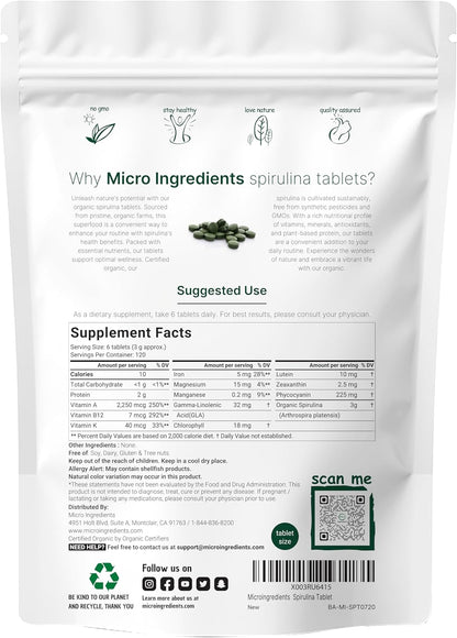 Organic Spirulina Supplement, 3000MG per Serving, 720 Tablets (4 Month Supply), No Filler & Non-Gmo, Rich in Vegan Protein, Vitamins & Prebiotics, Premium Spirulina Pills