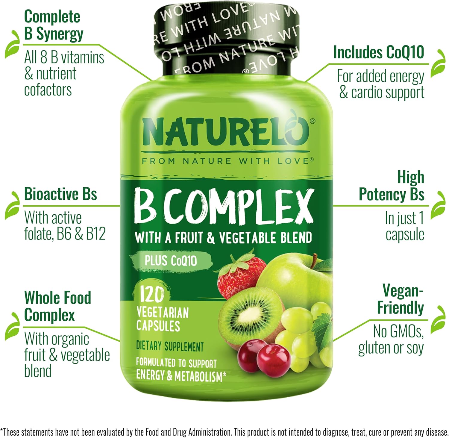 Vitamin B Complex with Methyl B12, Methyl Folate, Vitamin B6, Biotin plus Choline, Coq10, and Fruit & Vegetable Blend - Supports Energy & Healthy Stress Response - Vegan - 120 Capsules