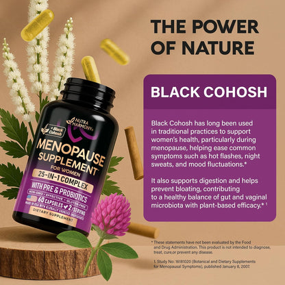 Menopause Supplements for Women - Dong Quai, Black Cohosh, Pre & Probiotics - Sweats & Hot Flashes Relief - Digestion, Sleep & Mood Support - 25-In-1 Perimenopause Complex - Made in USA - 60 Capsules