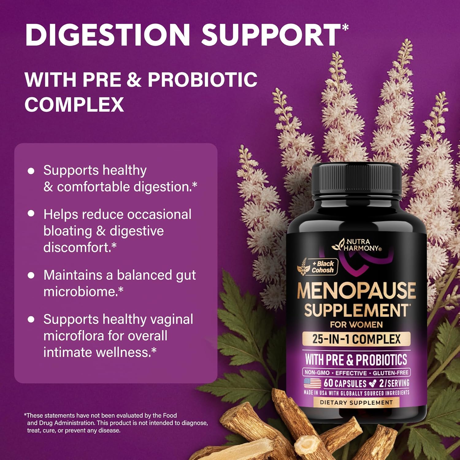 Menopause Supplements for Women - Dong Quai, Black Cohosh, Pre & Probiotics - Sweats & Hot Flashes Relief - Digestion, Sleep & Mood Support - 25-In-1 Perimenopause Complex - Made in USA - 60 Capsules