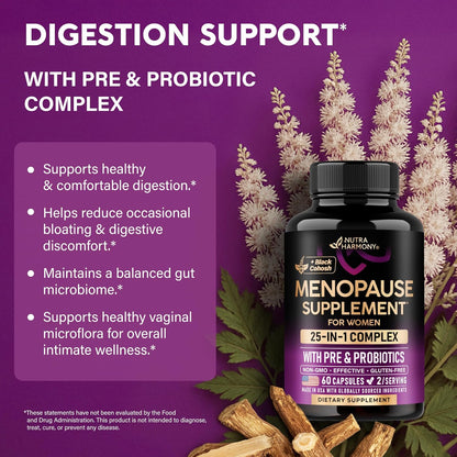 Menopause Supplements for Women - Dong Quai, Black Cohosh, Pre & Probiotics - Sweats & Hot Flashes Relief - Digestion, Sleep & Mood Support - 25-In-1 Perimenopause Complex - Made in USA - 60 Capsules