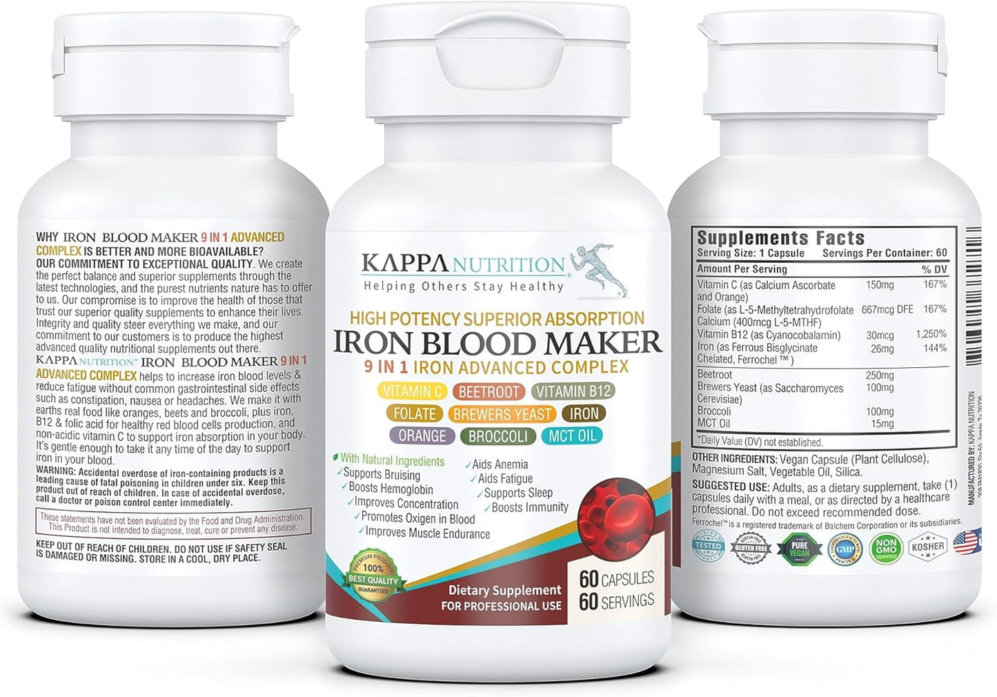 Iron 26Mg, Vitamin C & Orange 150Mg, Folate 667Mcg DFE, Vitamin B12, Beetroot, Brewers Yeast, Broccoli & MCT Oil 9 in 1 Advanced Complex (60 Capsules)