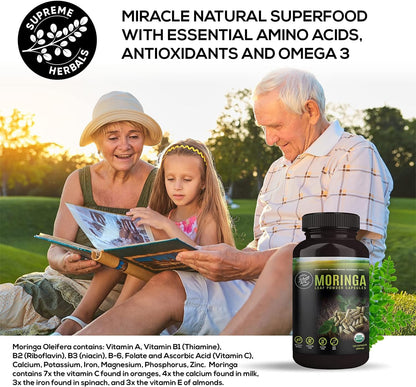 100% Raw and Pure Moringa Leaf Powder Capsules. Organic Certified Moringa Leaf. Natural Superfood with Essential Amino Acids, Antioxidants and Omega 3, 500Mg, 120 Capsules.