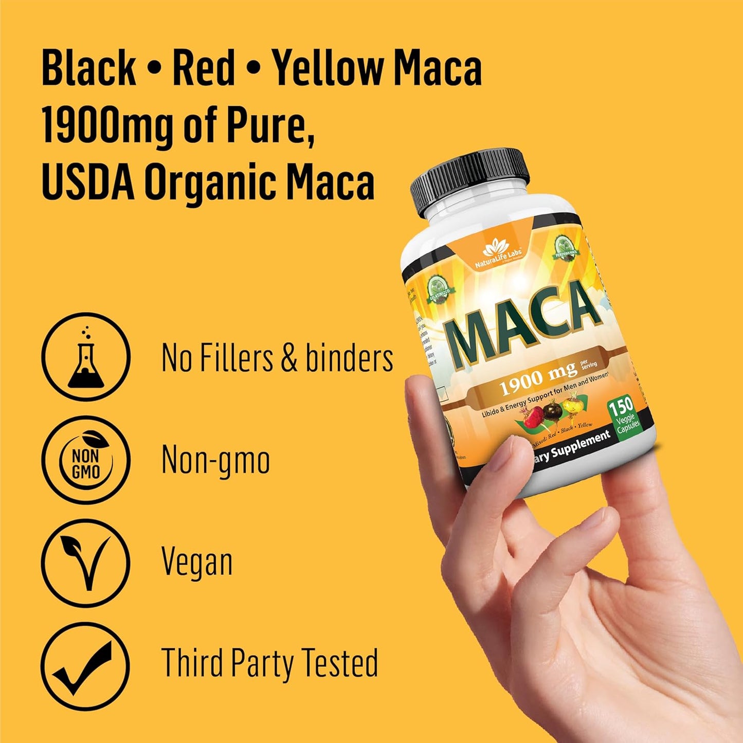 Organic Maca Root – Black, Red & Yellow – 1900 Mg per Serving – 150 Vegan Capsules – Gelatinized Peruvian Maca – Non-Gmo – Libido & Energy Support for Men and Women