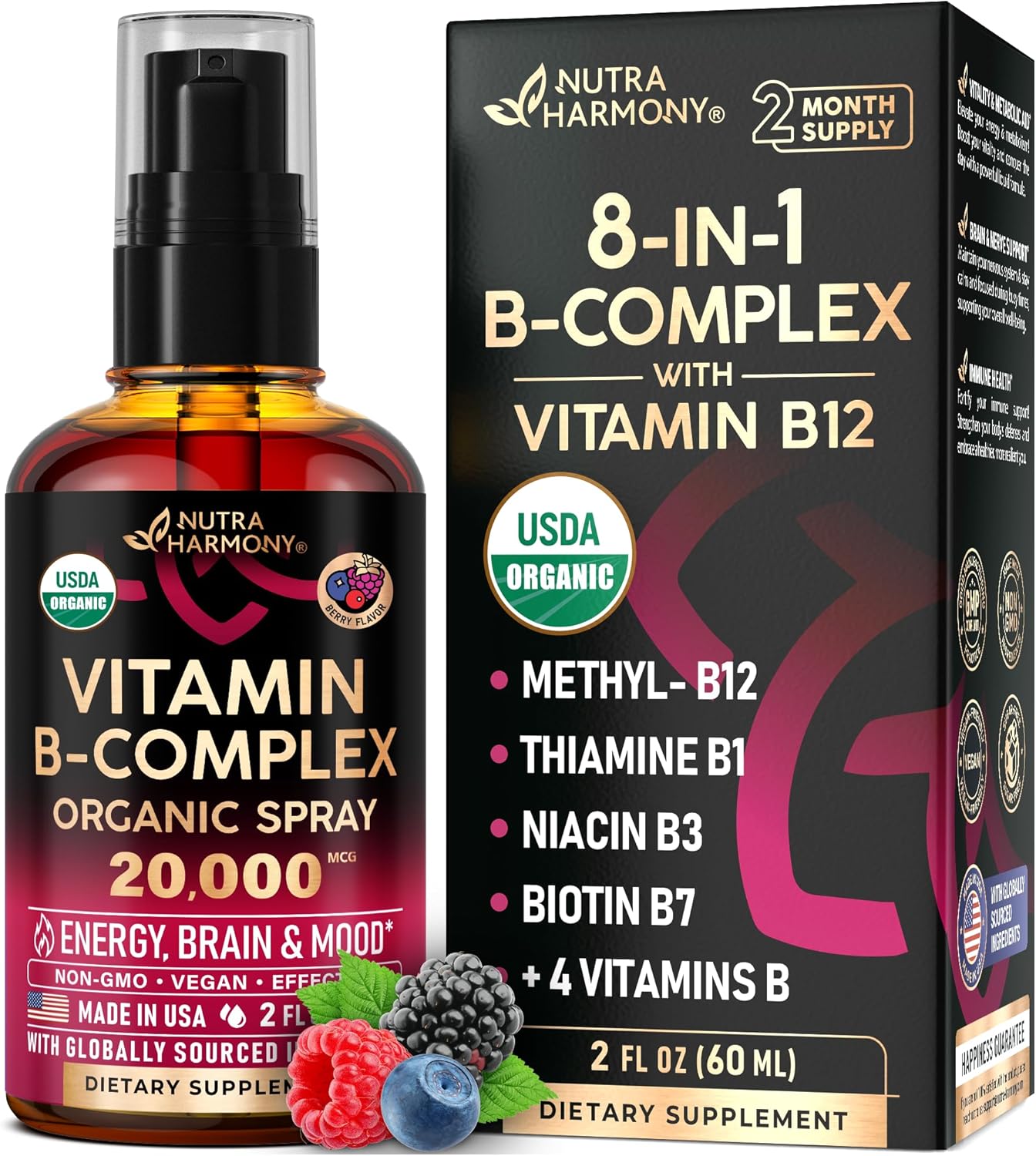 USDA Organic Vitamin B-Complex B5 Pantothenic Acid | B12 Methylcobalamin | B1 Thiamine | B6 Pyridoxine | B7 Biotin | B9 Folic | B3 Niacinamide - B Complex Liquid Drops, Made in USA Supplement, 2Fl Oz