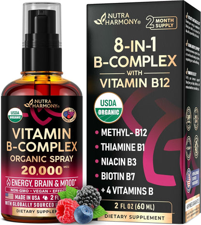 USDA Organic Vitamin B-Complex B5 Pantothenic Acid | B12 Methylcobalamin | B1 Thiamine | B6 Pyridoxine | B7 Biotin | B9 Folic | B3 Niacinamide - B Complex Liquid Drops, Made in USA Supplement, 2Fl Oz