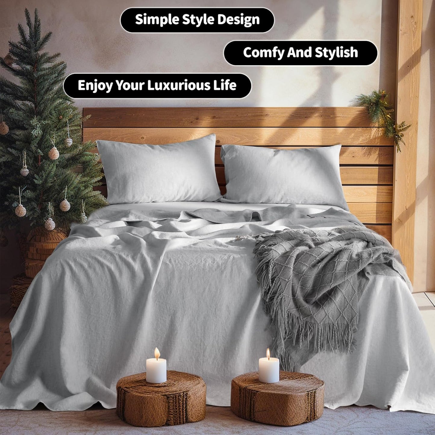 100% Linen Sheet Set 19" Deep Pocket Full Size,Bed Sheets 4 Piece Sets,Solid Color Natural Flax Bed Sheets Soft Breathable Bedding, All Season (Full, Grey)
