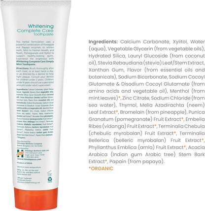 Botanique Whitening Complete Care Toothpaste, Teeth Whitening, Fights Plaque, Fluoride Free, No Artificial Flavors, SLS Free, Cruelty Free, Foaming, Simply Mint Flavor, 5.29 Oz, 2 Pack