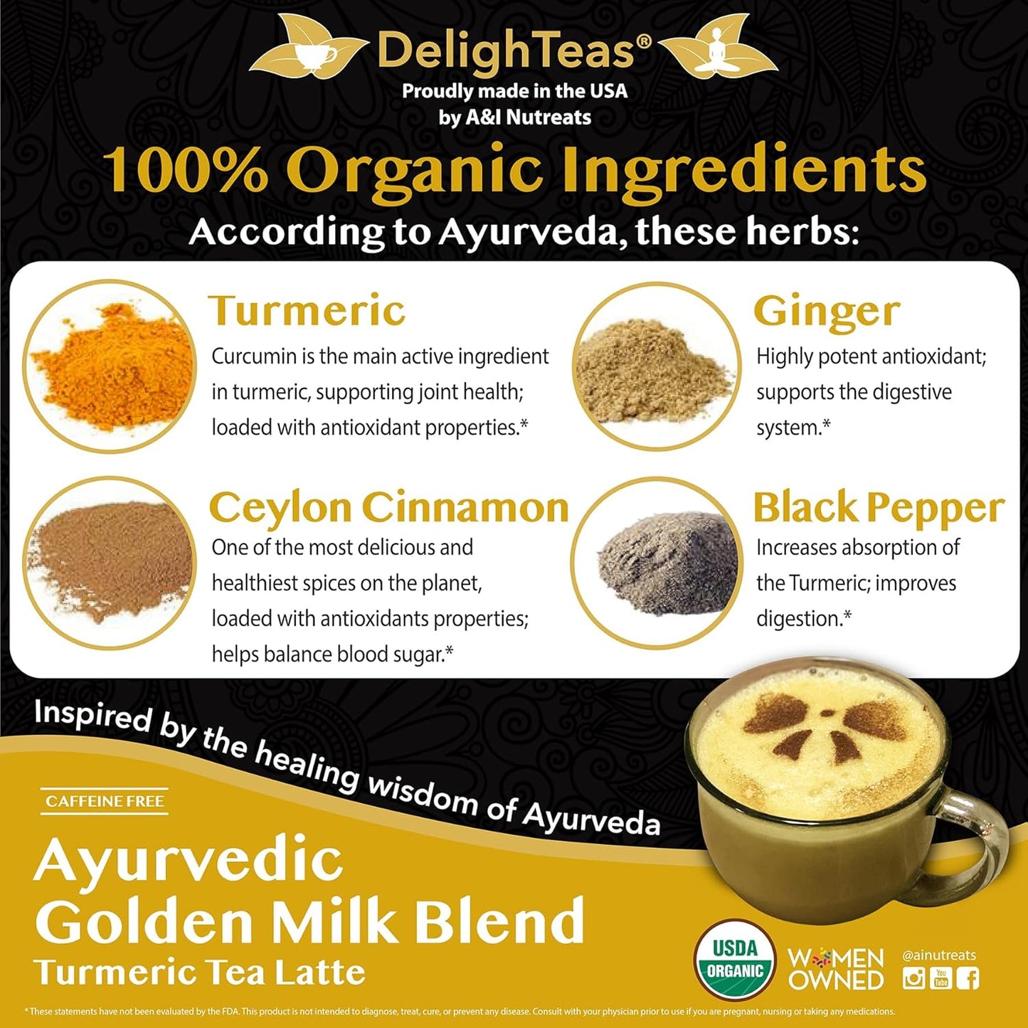 Organic Golden Milk Powder with Turmeric, Ginger, Ceylon Cinnamon | Ayurvedic Spices for Golden Turmeric Latte | Unsweetened, Vegan, Non-Gmo, Keto | 120 Servings, 5 Oz.