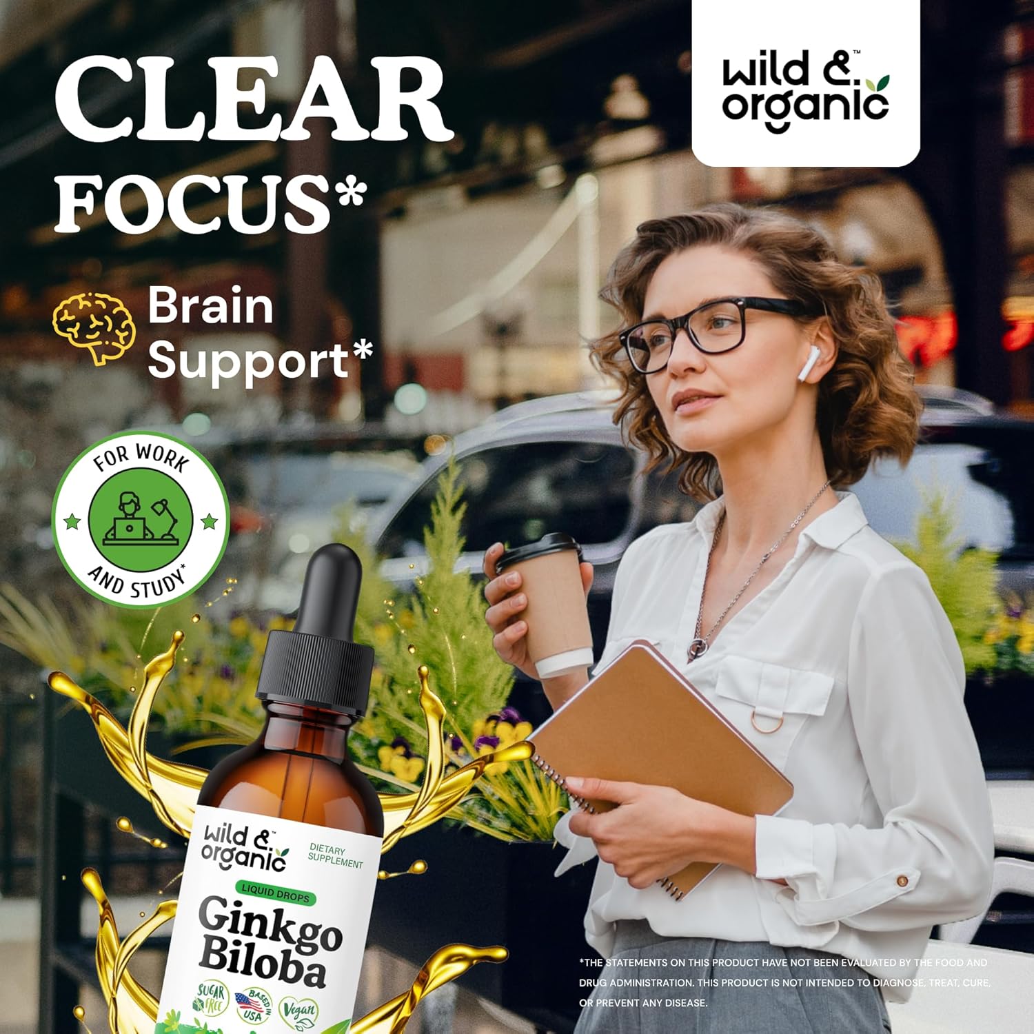 Ginkgo Biloba Tincture - Brain & Focus Support with Ginkgo Leaf Supplement - Vegan, Sugar & Alcohol-Free Herbal Extract Tincture - 2 Fl Oz