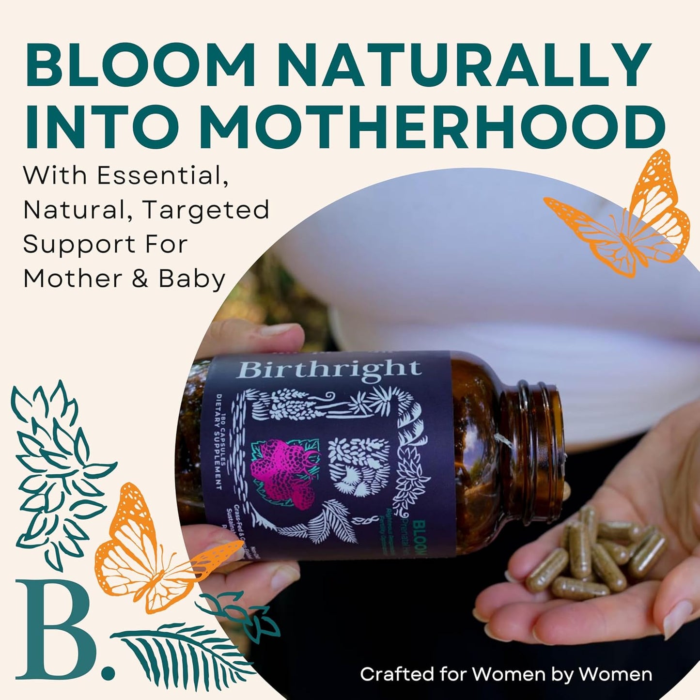 Complete Prenatal Supplement for Fetal Development… Folate, Choline + DHA, from Grass Fed Liver, Fish Eggs, Colostrum, Bone Marrow, with All Natural Herbal Blend Bloom