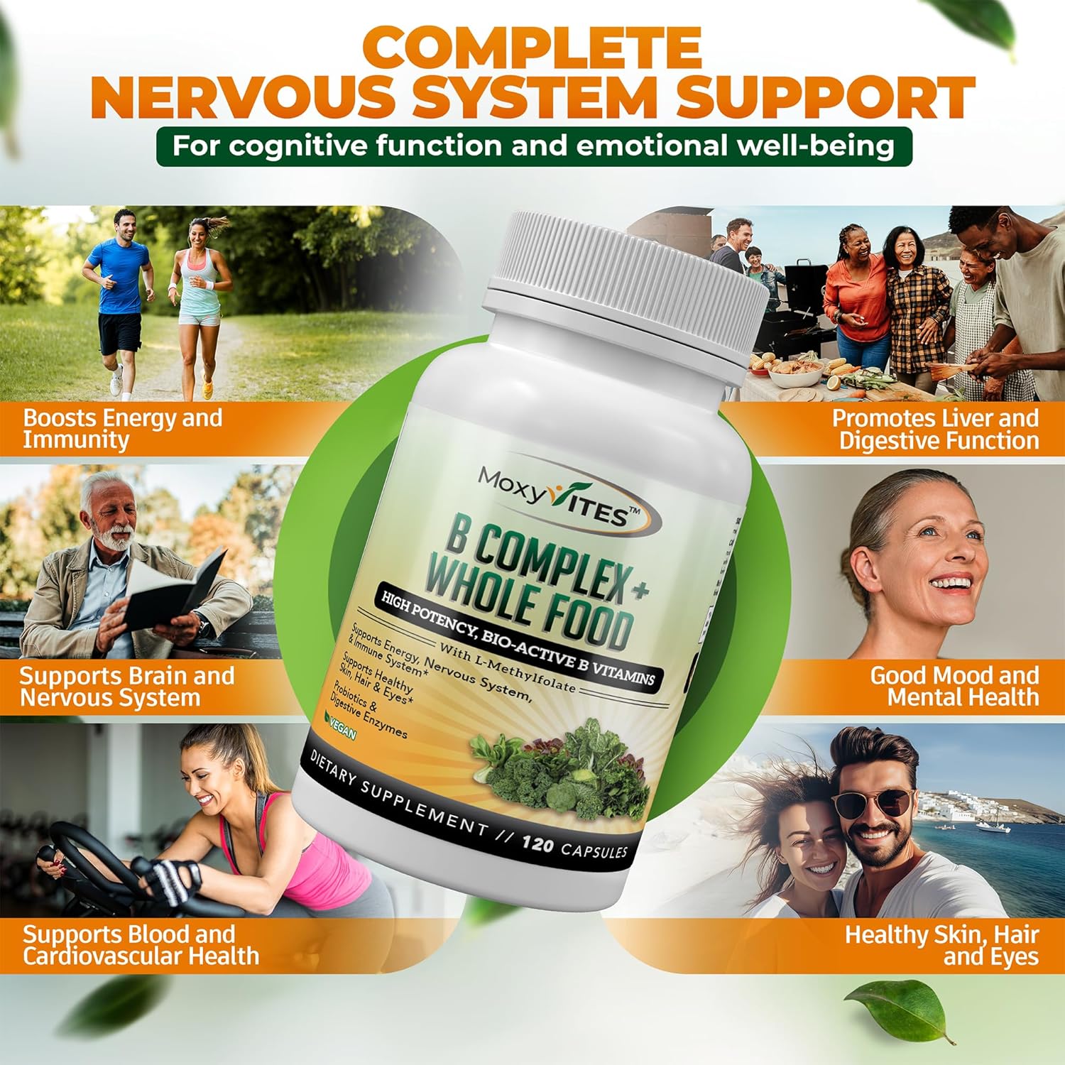 Vitamin B Complex - B Vitamins Whole Food Supplement, B12 Methylcobalamin, B1, B2, B3, B5, B6, B7, B9 - for Stress, Energy and Immune Support, Vegan, 120 Capsules