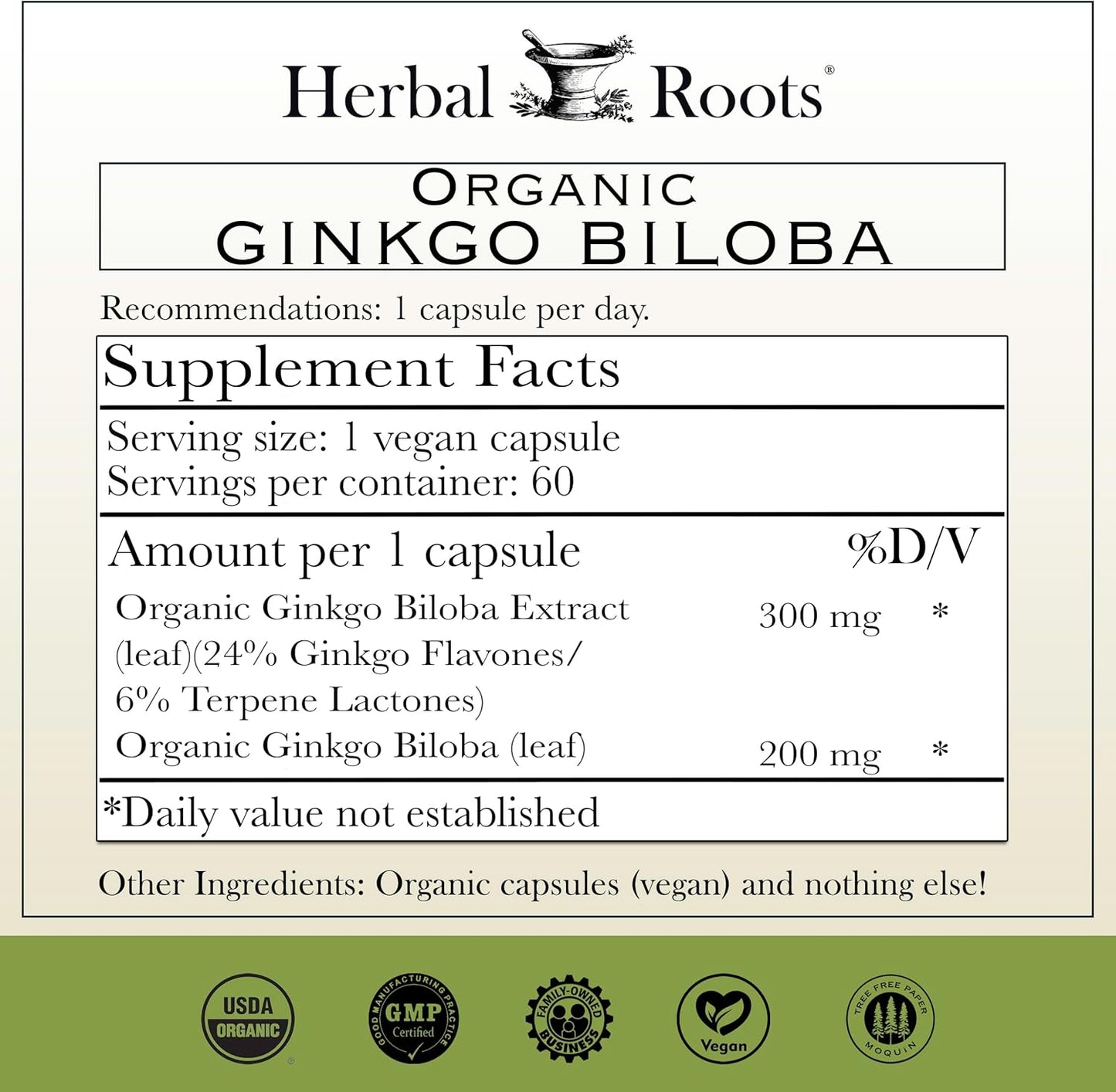 Organic Ginkgo Biloba Made with Pure Organic Ginkgo Leaf and Extract - 60 Vegan Capsules