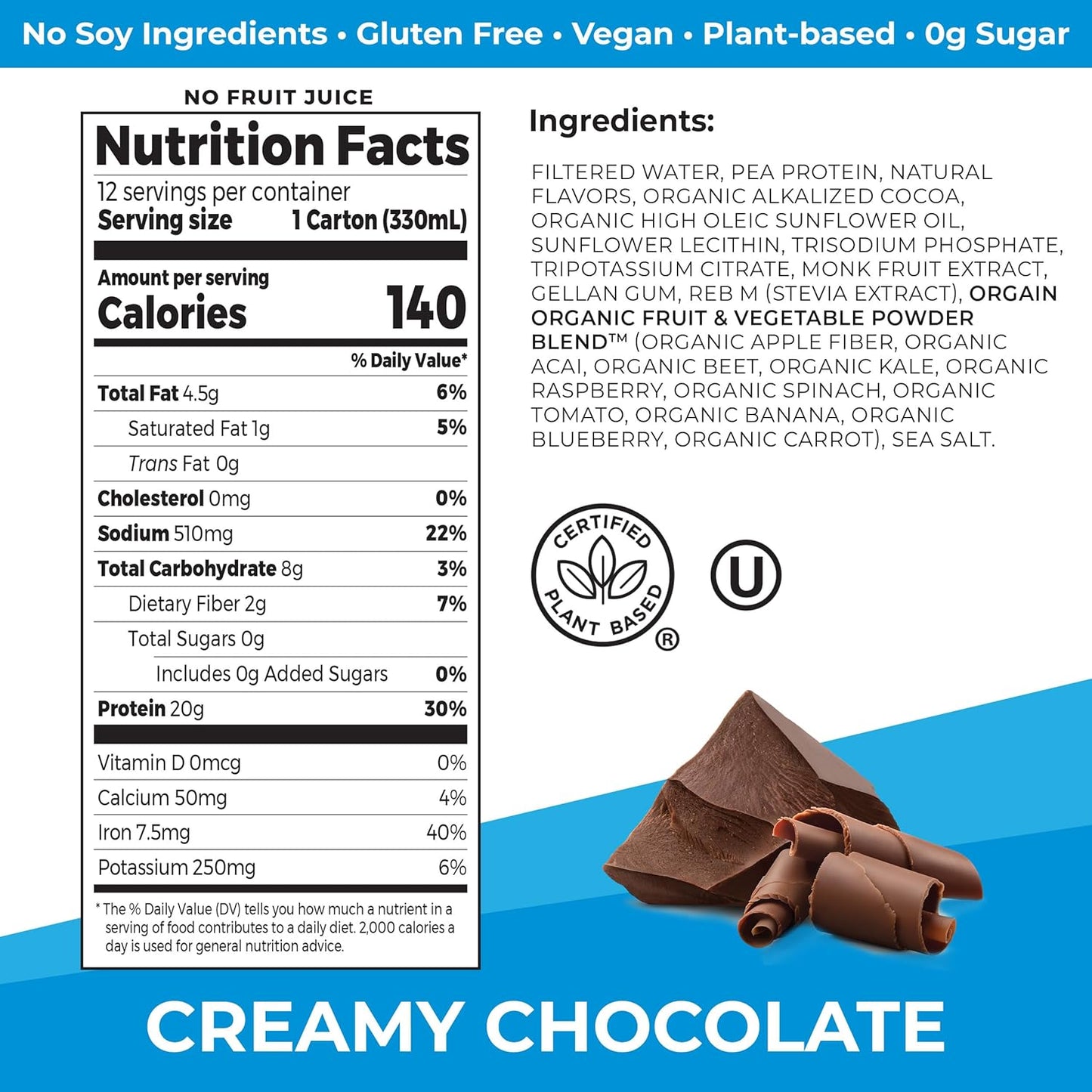 Organic Vegan Protein Shake, Creamy Chocolate - 20G Plant Based Protein, Ready to Drink, Fruits & Vegetables, Gluten Free, Kosher, No Soy or Dairy Ingredients, 11 Fl Oz (Pack of 12)