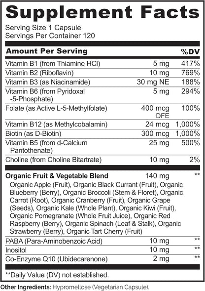 Vitamin B Complex with Methyl B12, Methyl Folate, Vitamin B6, Biotin plus Choline, Coq10, and Fruit & Vegetable Blend - Supports Energy & Healthy Stress Response - Vegan - 120 Capsules