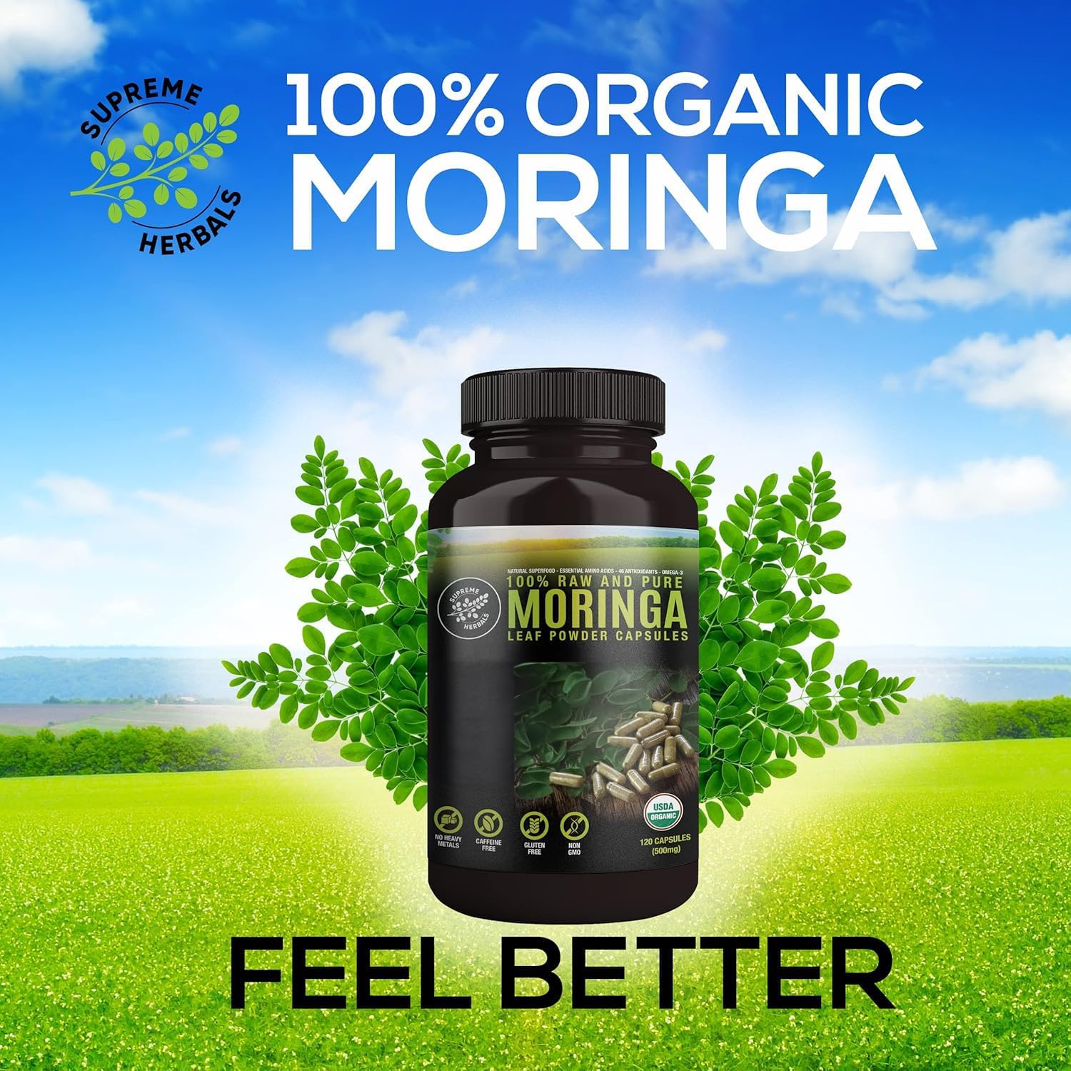 100% Raw and Pure Moringa Leaf Powder Capsules. Organic Certified Moringa Leaf. Natural Superfood with Essential Amino Acids, Antioxidants and Omega 3, 500Mg, 120 Capsules.