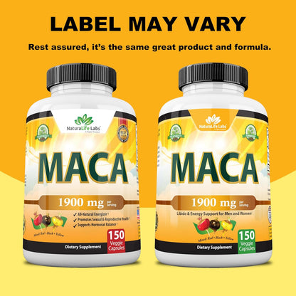 Organic Maca Root – Black, Red & Yellow – 1900 Mg per Serving – 150 Vegan Capsules – Gelatinized Peruvian Maca – Non-Gmo – Libido & Energy Support for Men and Women
