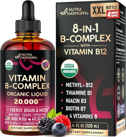 USDA Organic Vitamin B-Complex B5 Pantothenic Acid | B12 Methylcobalamin | B1 Thiamine | B6 Pyridoxine | B7 Biotin | B9 Folic | B3 Niacinamide - B Complex Liquid Drops, Made in USA Supplement, 2Fl Oz