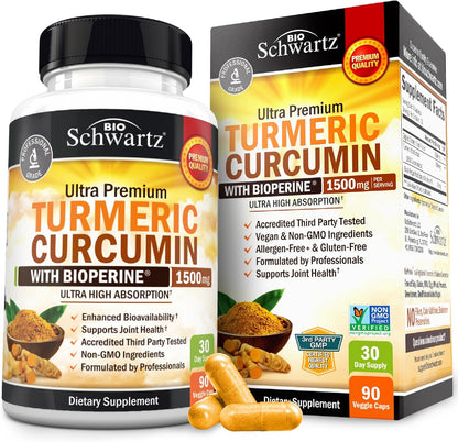 Turmeric Curcumin with Black Pepper Extract 1500Mg - High Absorption Ultra Potent Turmeric Supplement with 95% Curcuminoids and Bioperine - Non GMO Tumeric Capsules for Joint Support - 90 Capsules