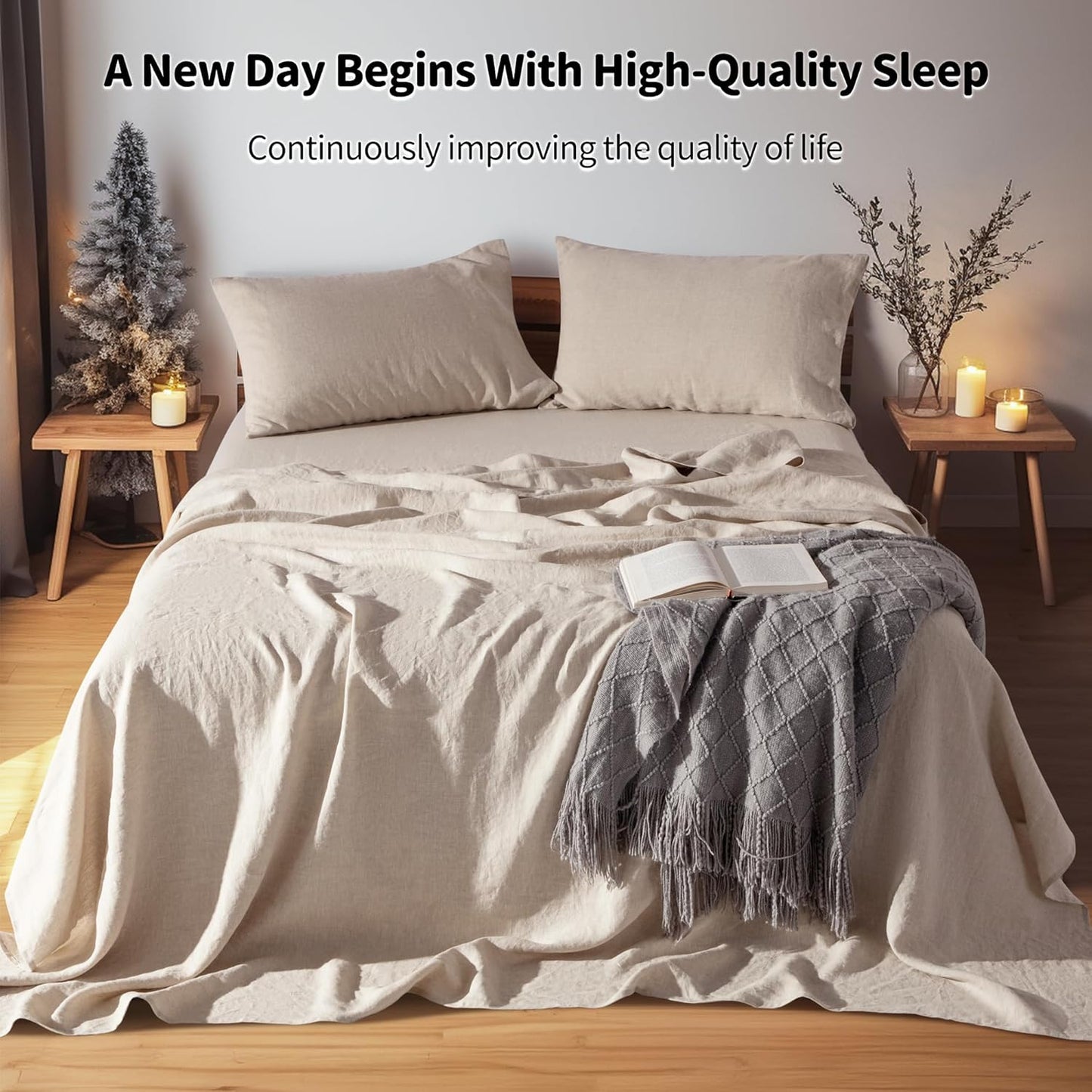 100% Linen Sheet Set Full Size, Bed Sheets 4 Piece Sets, Solid Color Natural Flax Bed Sheets Soft Breathable Bedding,16" Deep Pocket,All Season (Full, Linen)