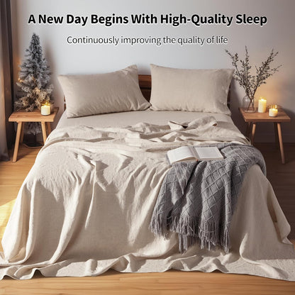 100% Linen Sheet Set Full Size, Bed Sheets 4 Piece Sets, Solid Color Natural Flax Bed Sheets Soft Breathable Bedding,16" Deep Pocket,All Season (Full, Linen)