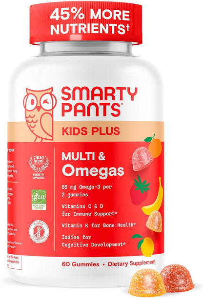 Kids Multivitamin Gummies - Improved Formula: Omega 3 (DHA/EPA), Vitamins D3, C, B12, B6, Vitamin A, K & Zinc, Gluten Free, Three Fruit Flavors, 60 Count (30 Day Supply)