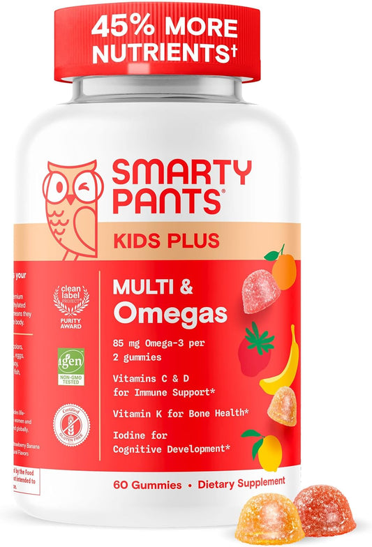 Kids Multivitamin Gummies - Improved Formula: Omega 3 (DHA/EPA), Vitamins D3, C, B12, B6, Vitamin A, K & Zinc, Gluten Free, Three Fruit Flavors, 60 Count (30 Day Supply)