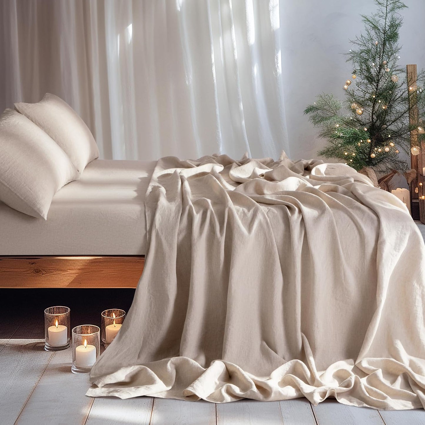 100% Linen Sheet Set Full Size, Bed Sheets 4 Piece Sets, Solid Color Natural Flax Bed Sheets Soft Breathable Bedding,16" Deep Pocket,All Season (Full, Linen)