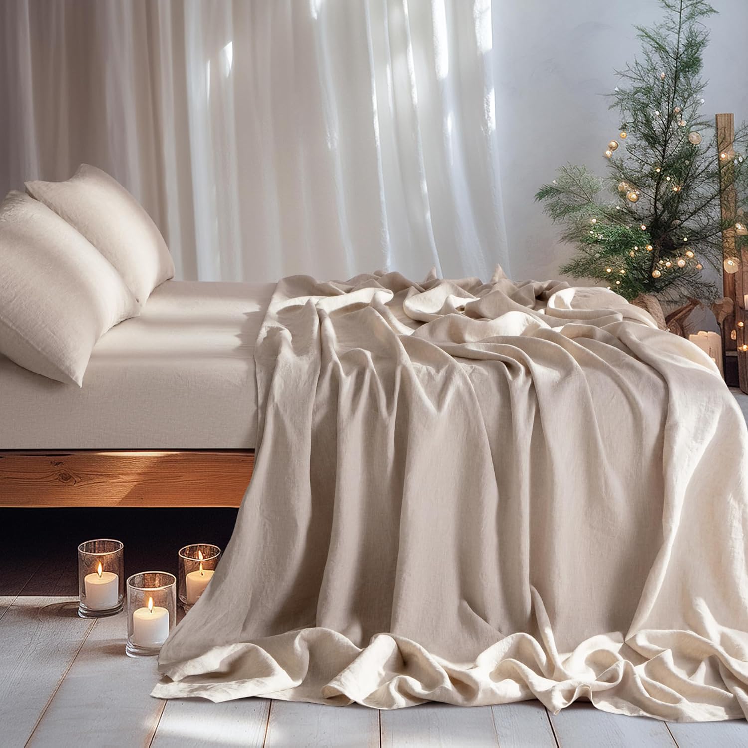100% Linen Sheet Set Full Size, Bed Sheets 4 Piece Sets, Solid Color Natural Flax Bed Sheets Soft Breathable Bedding,16" Deep Pocket,All Season (Full, Linen)