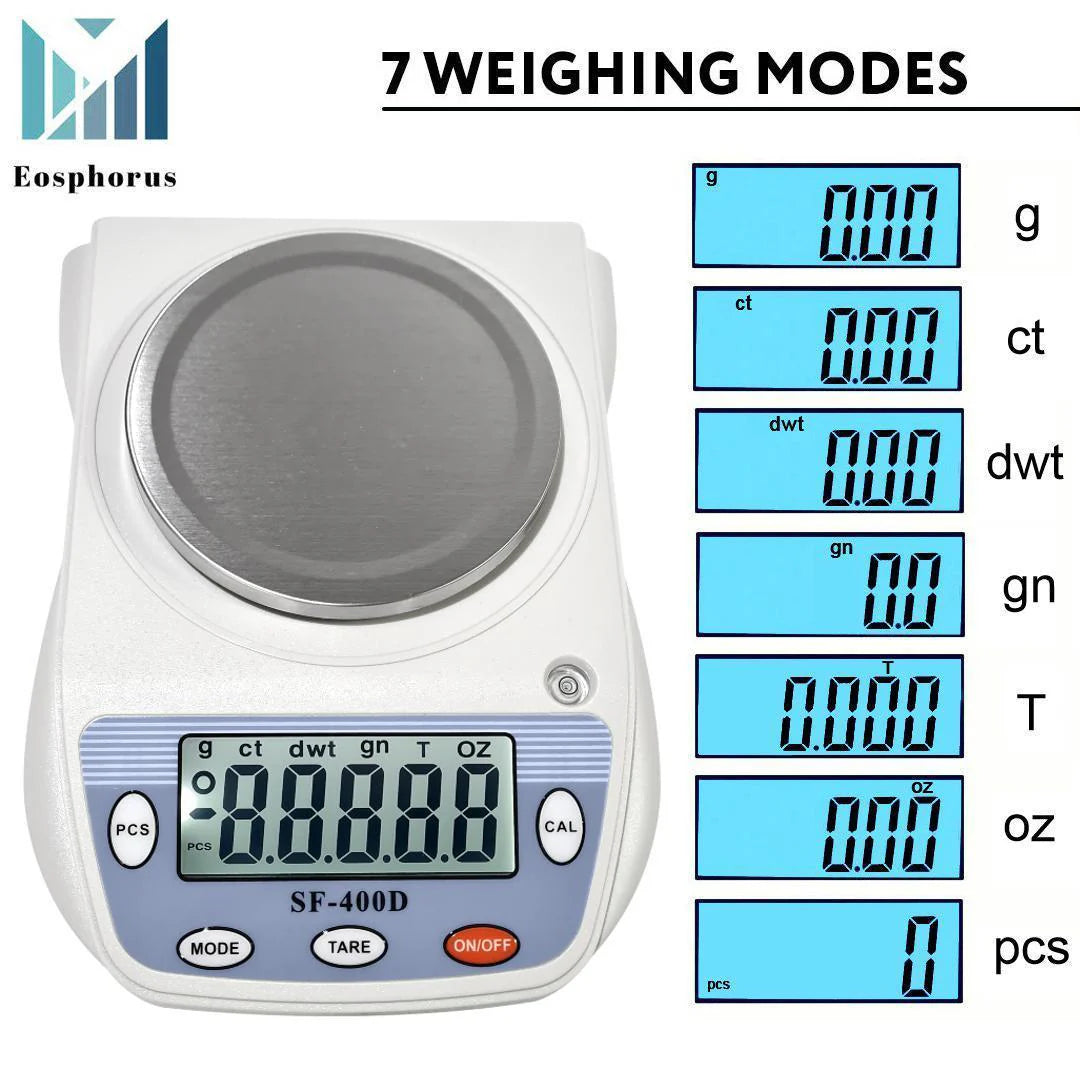 Eosphorus Science Digital Scale Lab Balance Gram Scale 0.01G Accuracy Electronic Scale Laboratory Digital Scale Chemistry Jewelry – Carats, Ounces and Grams Scale (SF 400D R W)