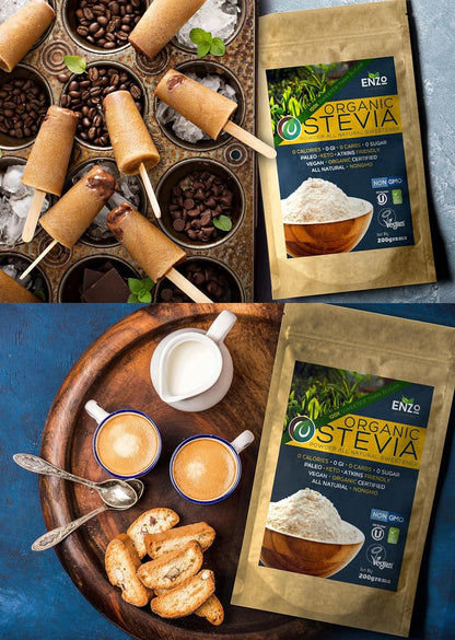 Enzo Easy Use Organic Stevia Powder 200G (7.05Oz / 1600 Servings) All Natural Alternative Sweetener 12 X Sweeter than Processed Sugar with No Artificial Additives & Fillers