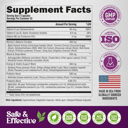 Menopause Supplements for Women - Dong Quai, Black Cohosh, Pre & Probiotics - Sweats & Hot Flashes Relief - Digestion, Sleep & Mood Support - 25-In-1 Perimenopause Complex - Made in USA - 60 Capsules