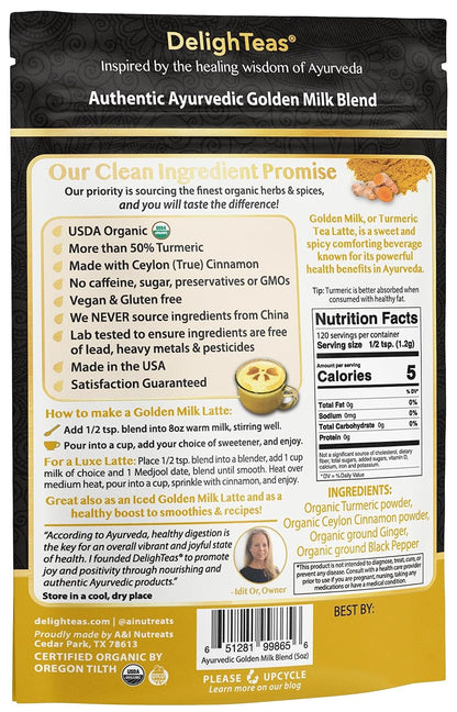 Organic Golden Milk Powder with Turmeric, Ginger, Ceylon Cinnamon | Ayurvedic Spices for Golden Turmeric Latte | Unsweetened, Vegan, Non-Gmo, Keto | 120 Servings, 5 Oz.