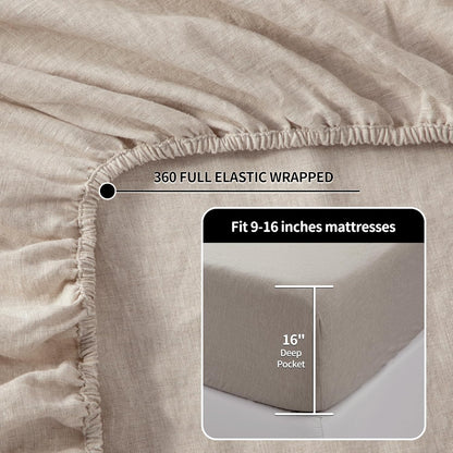 100% Linen Sheet Set Full Size, Bed Sheets 4 Piece Sets, Solid Color Natural Flax Bed Sheets Soft Breathable Bedding,16" Deep Pocket,All Season (Full, Linen)