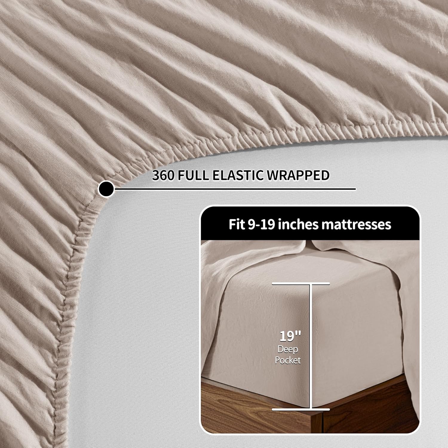 100% Linen Sheet Set 19" Deep Pocket King Size,Bed Sheets 4 Piece Sets,Solid Color Natural Flax Bed Sheets Soft Breathable Bedding, All Season (King, Linen)