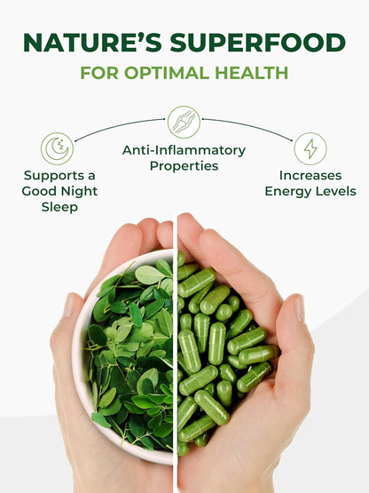 Capsules Single Origin Moringa Powder Organic. Moringa Leaf. Energy, Metabolism, & Immune Support. 120Ct. 500Mg Caps.