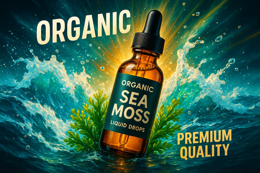 Can you create me a picture for Organic Sea Moss Liquid Drops that is vibrant, explosive, eye-catching, sale sale-boosting? Something that will draw in the compulsive shopper and make them want to click on it and buy