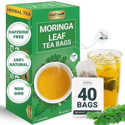 40 Moringa Tea Bags, 100% Natural and Pure Moringa Leaf Herbal Tea, Supports Digestion and Immune Health, Caffeine-Free, Sugar-Free, Vegan