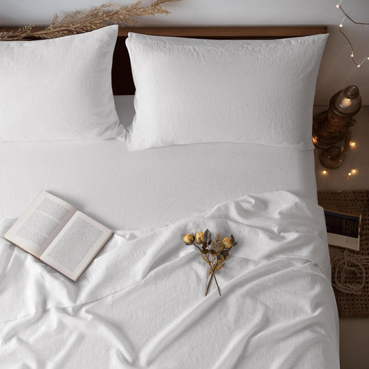 100% Linen Sheet Set 19" Deep Pocket California King Size,Bed Sheets 4 Piece Sets,Solid Color Natural Flax Bed Sheets Soft Breathable Bedding,All Season (Clifornia King, White)