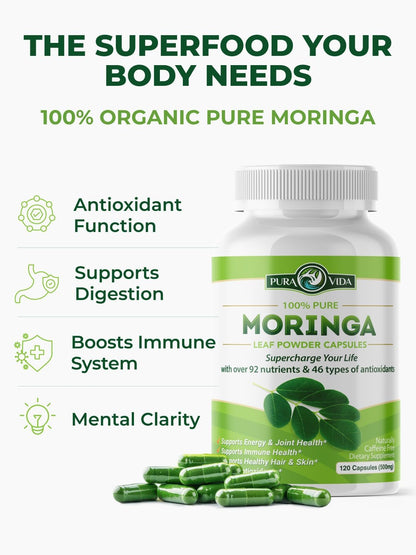 Capsules Single Origin Moringa Powder Organic. Moringa Leaf. Energy, Metabolism, & Immune Support. 120Ct. 500Mg Caps.