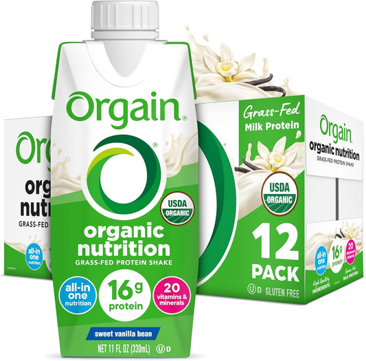 Organic Nutritional Protein Shake, Vanilla Bean - 16G Grass Fed Whey Protein, Meal Replacement, 20 Vitamins & Minerals, Fruits & Vegetables, Gluten Free, Non-Gmo, 11 Fl Oz (12 Pack)