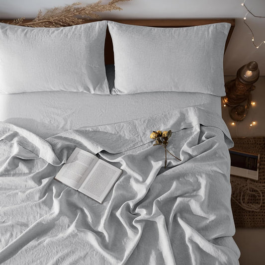 100% Linen Sheet Set 19" Deep Pocket Full Size,Bed Sheets 4 Piece Sets,Solid Color Natural Flax Bed Sheets Soft Breathable Bedding, All Season (Full, Grey)