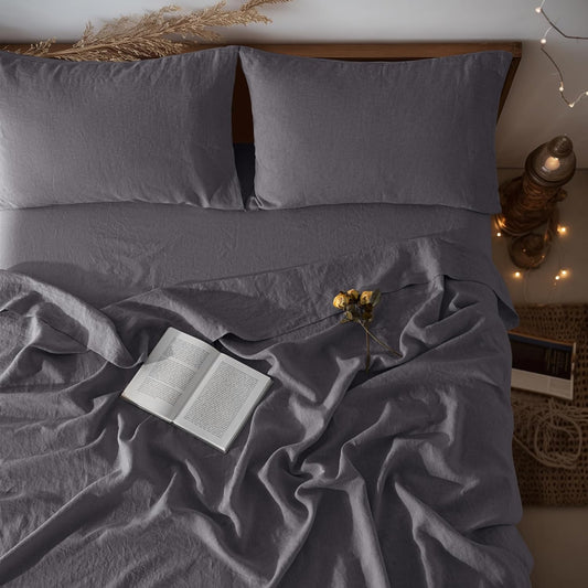 100% Linen Sheet Set 19" Deep Pocket Queen Size,Bed Sheets 4 Piece Sets,Solid Color Natural Flax Bed Sheets Soft Breathable Bedding, All Season (Queen, Dark Grey)