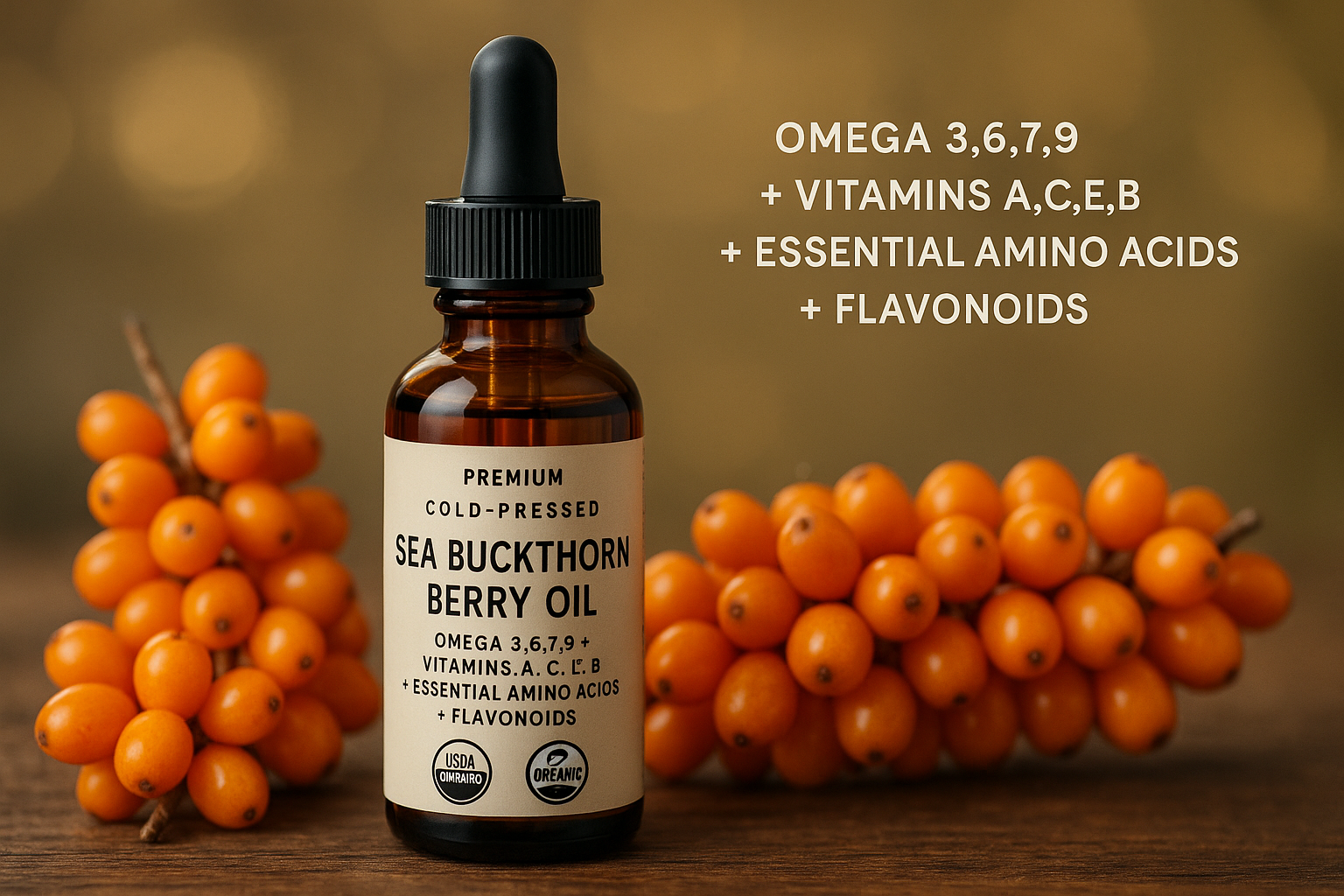 For my herbal shopify store, I really need to boost sales. I need customer trust. I need repeat customers. I need an image for each herb that will draw in customers of all types. The compulsive buyers, the TikTok buyers, the upscale buyers, older generation, younger generation, the cheap buyers, the wealthy buyers, upper class buyers. For the herb, Cold-Pressed Organic Sea Buckthorn Berry Oil with Omega 3, 6, 7, and 9, vitamins A, C, E, and B, as well as essential amino acids and flavonoids in oil form