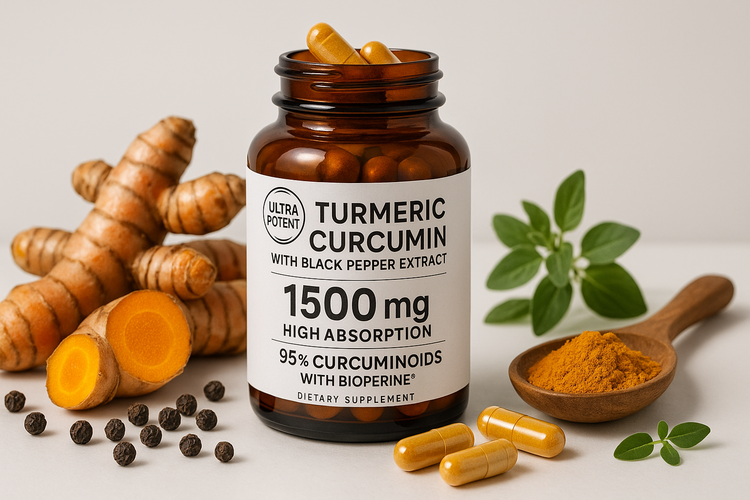 For my herbal shopify store, I really need to boost sales. I need customer trust. I need repeat customers. I need an image for each herb that will draw in customers of all types. The compulsive buyers, the TikTok buyers, the upscale buyers, older generation, younger generation, the cheap buyers, the wealthy buyers, upper class buyers. For the herb, Turmeric Curcumin with Black Pepper Extract 1500mg - High Absorption Ultra Potent Turmeric Supplement with 95% Curcuminoids and BioPerine in capsule form