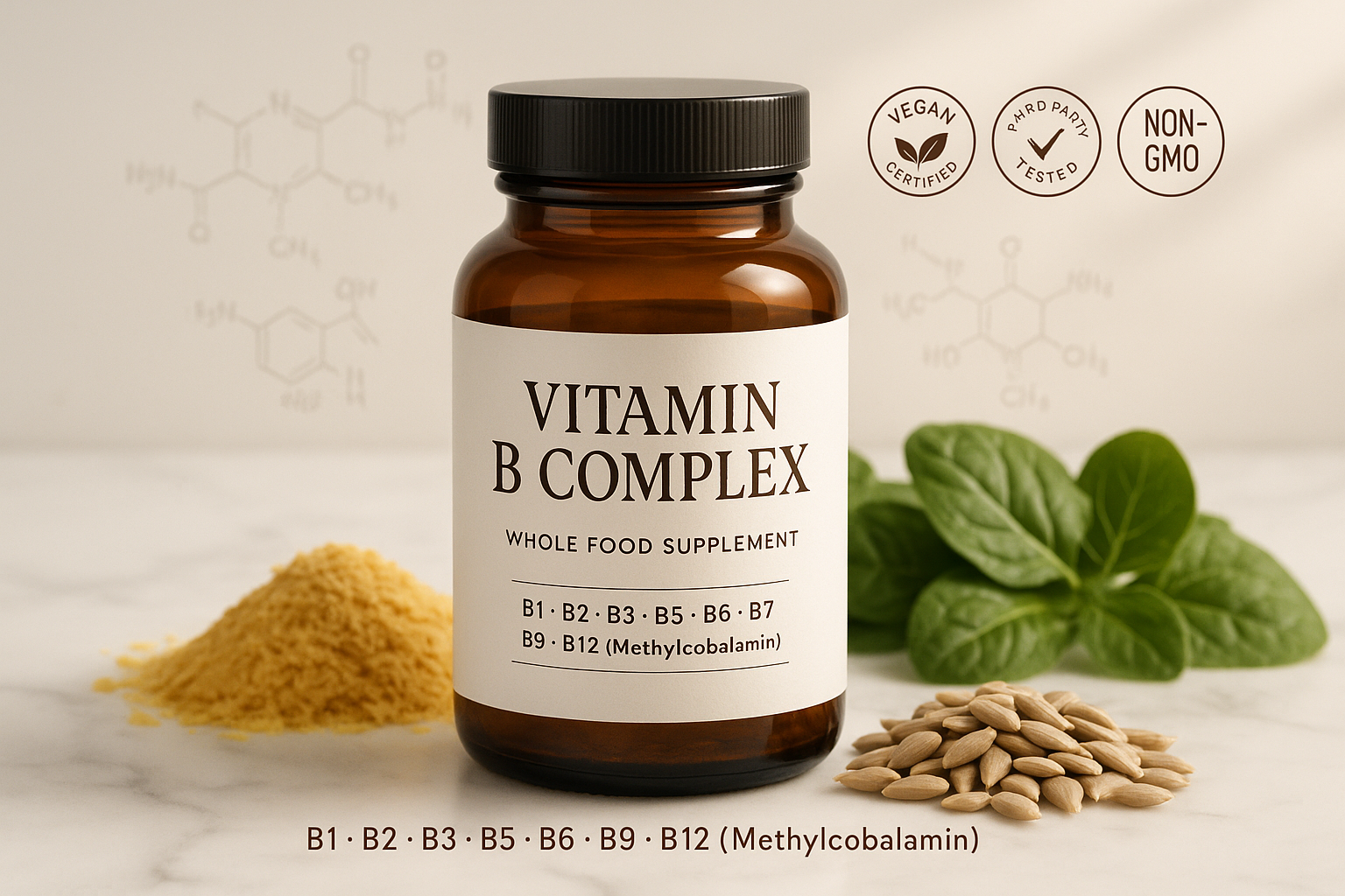 For my herbal shopify store, I really need to boost sales. I need customer trust. I need repeat customers. I need an image for each herb that will draw in customers of all types. The compulsive buyers, the TikTok buyers, the upscale buyers, older generation, younger generation, the cheap buyers, the wealthy buyers, upper class buyers. For the herb, Vitamin B Complex - B Vitamins Whole Food Supplement, B12 Methylcobalamin, B1, B2, B3, B5, B6, B7, B9, Vegan