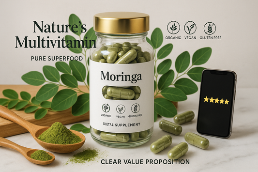 For my herbal shopify store, I really need to boost sales. I need customer trust. I need repeat customers. I need an image for each herb that will draw in customers of all types. The compulsive buyers, the TikTok buyers, the upscale buyers, older generation, younger generation, the cheap buyers, the wealthy buyers, upper class buyers. For the herb, Organic Moringa Pure Green Superfood Nature's Multivitamin, Vegan, Gluten-Free in capsule form